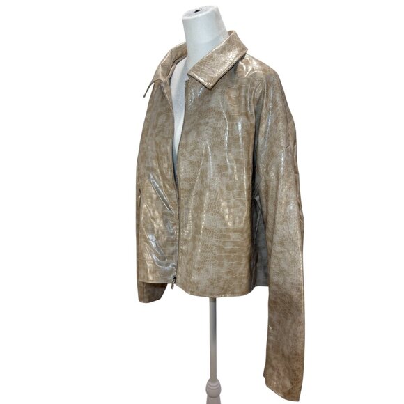 PrettyLittleThing Beige Croc Embossed Faux Leather Zip-Front Bomber Jacket, US L - Picture 2 of 6